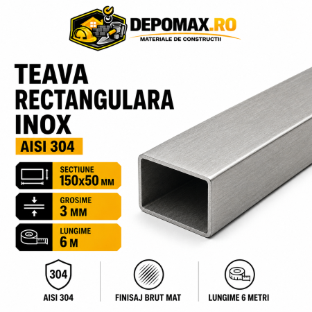 Teava rectangulara inox AISI 304, 150 x 50 x 3 mm, 6 metri